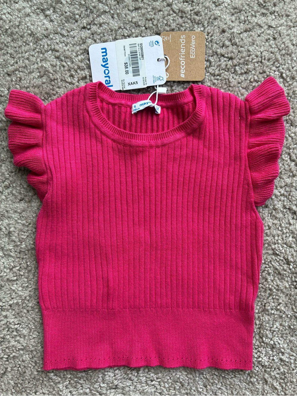 Mayoral Girls Bright Pink Ribbed Knit Top with Ruffle Cap Sleeves